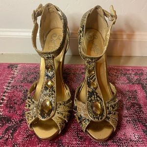 Seychelles snake print jeweled heels